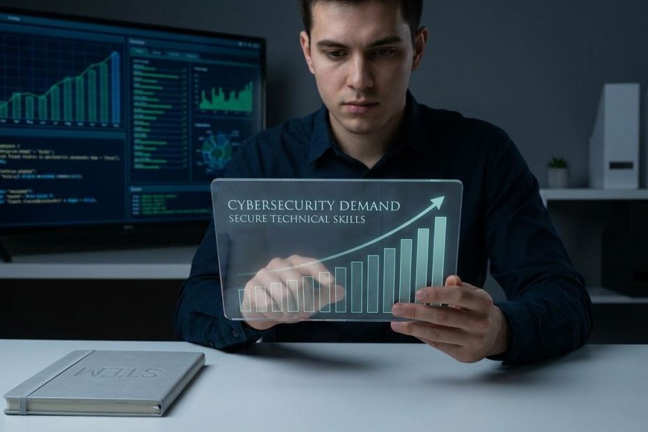 STEM graduate analyzing cybersecurity data on a laptop